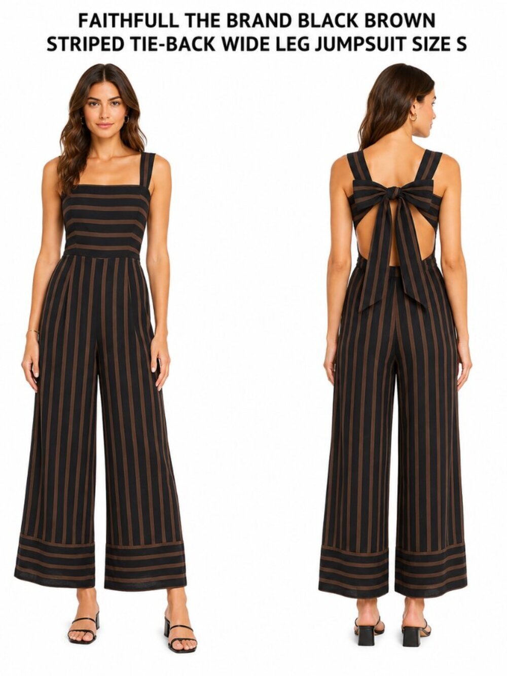 FAITHFULL THE BRAND BLACK BROWN STRIPED TIE-BACK WIDE LEG JUMPSUIT SIZE S